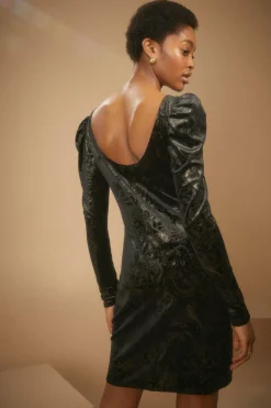 Hot Oasis Foil Paisley Puff Sleeve Velvet Mini Dress Black