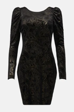 Hot Oasis Foil Paisley Puff Sleeve Velvet Mini Dress Black