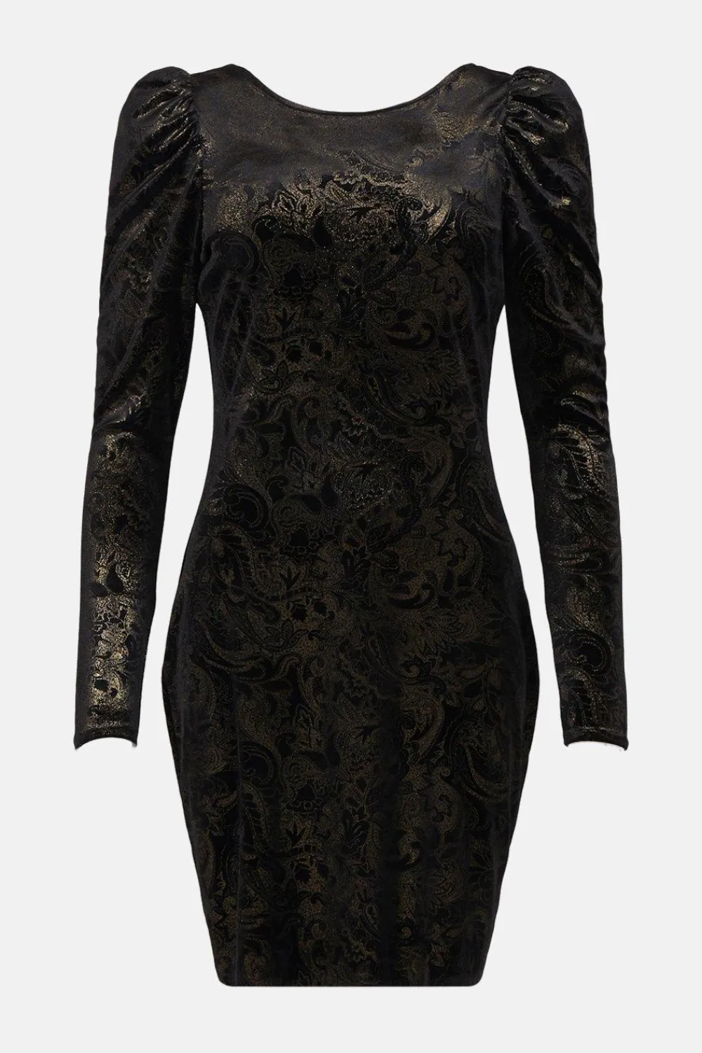 Hot Oasis Foil Paisley Puff Sleeve Velvet Mini Dress Black