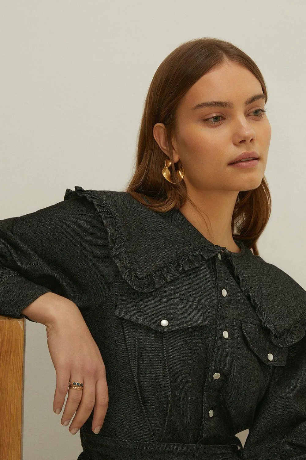 Sale Oasis Frill Collar Denim Playsuit Black