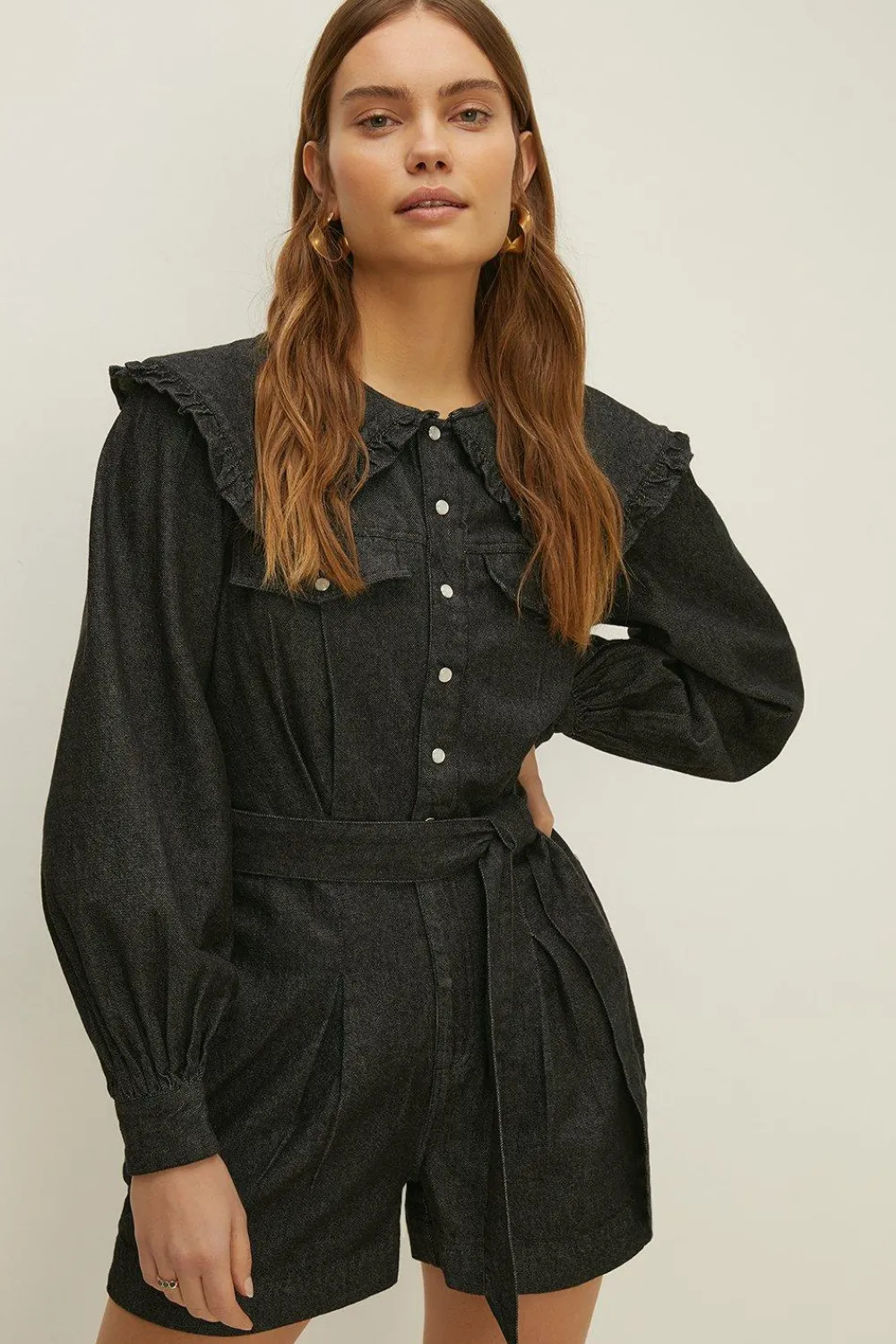 Sale Oasis Frill Collar Denim Playsuit Black