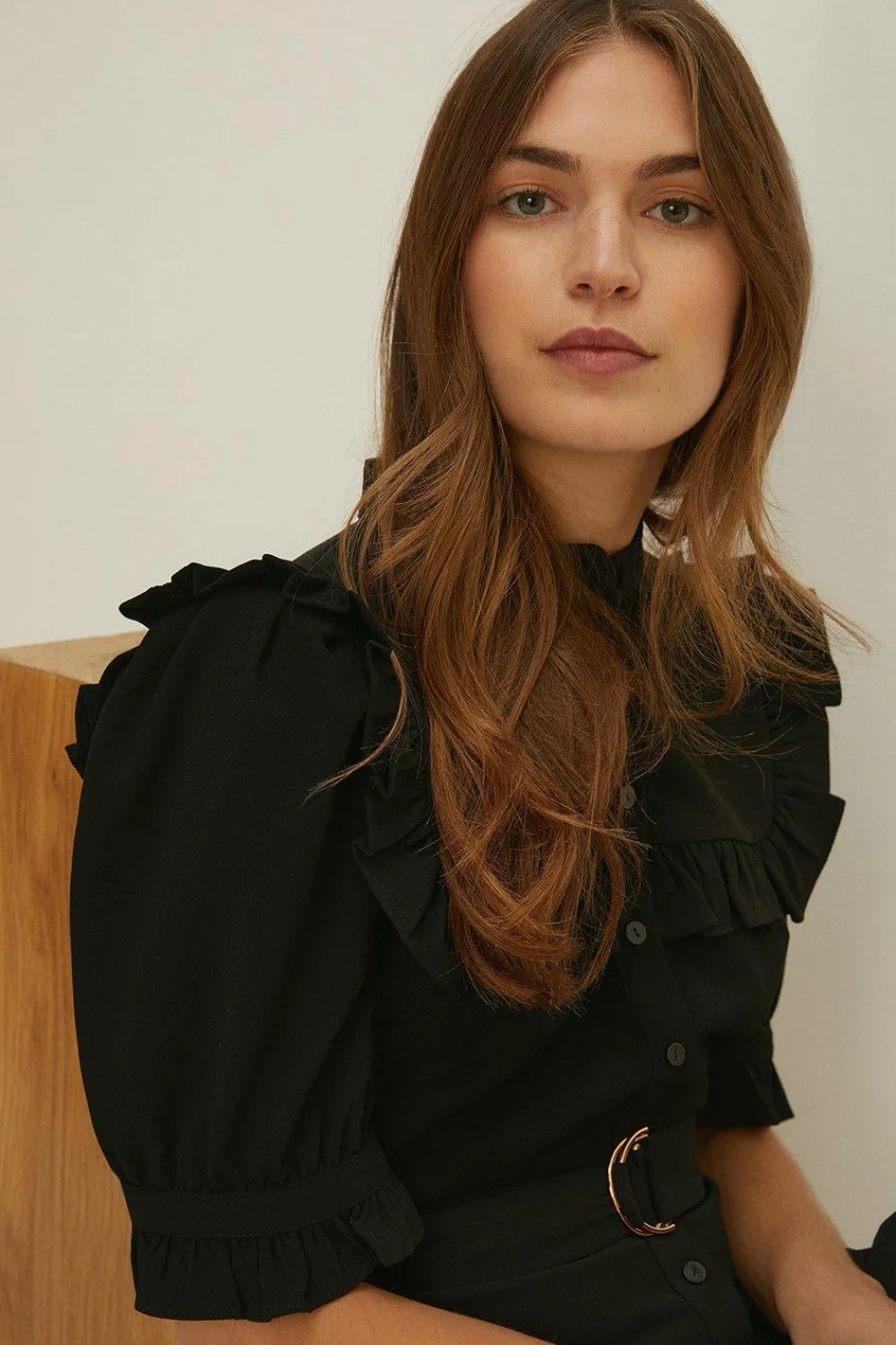 Fashion Oasis Frill Detail Belted Crepe Dress Black