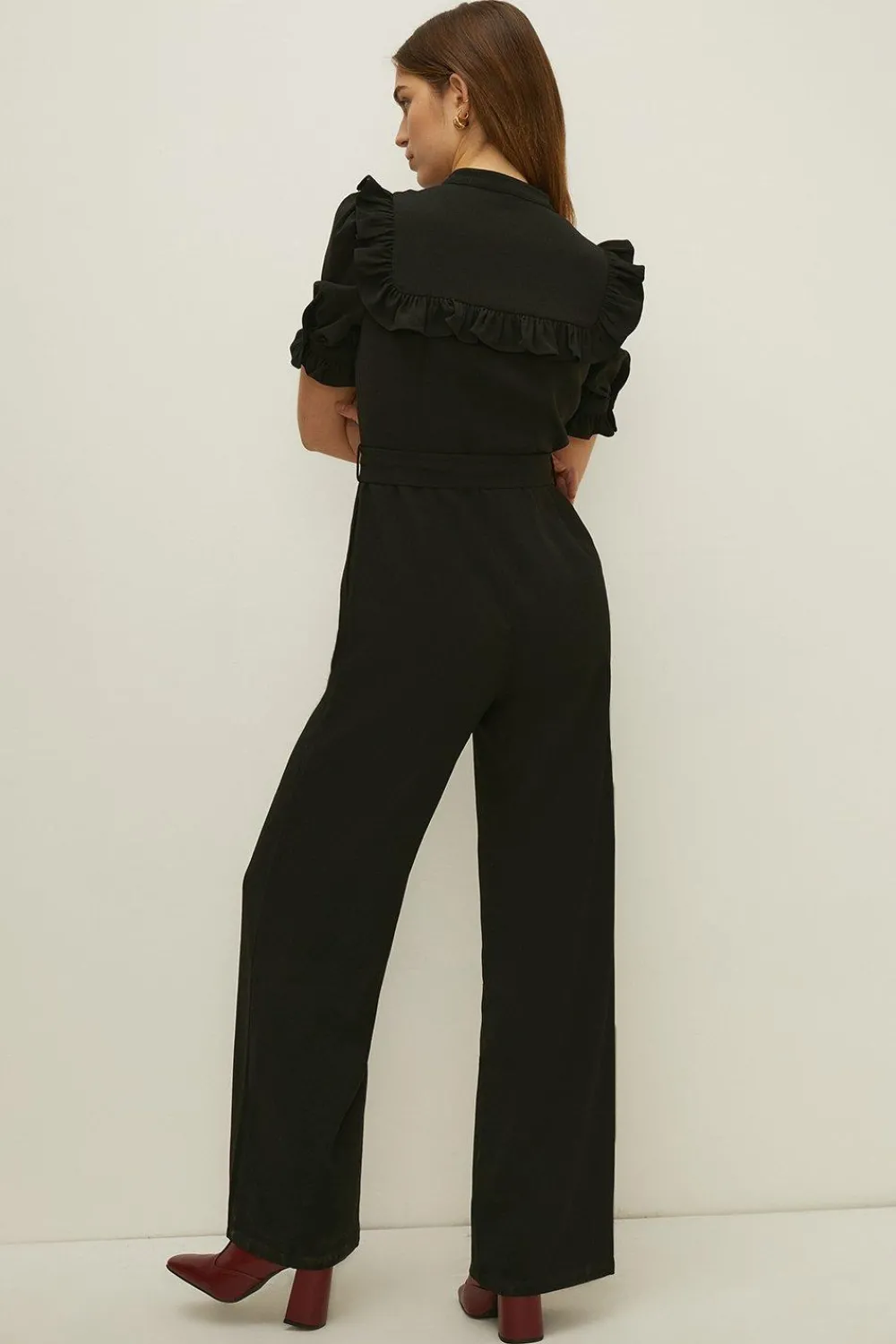 Sale Oasis Frill Detail Belted Crepe Jumpsuit Black