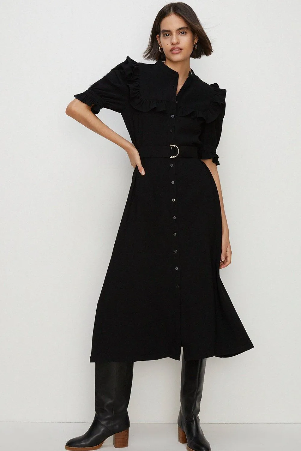 Hot Oasis Frill Detail Crepe Midi Dress Black