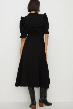 Hot Oasis Frill Detail Crepe Midi Dress Black