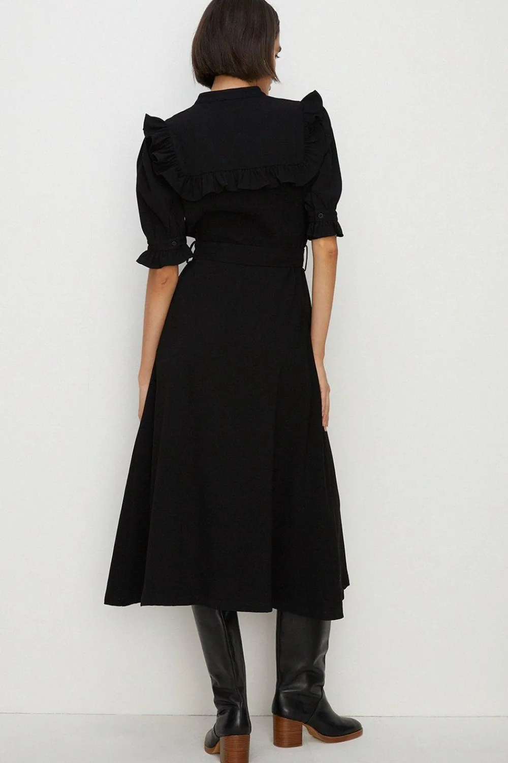 Hot Oasis Frill Detail Crepe Midi Dress Black