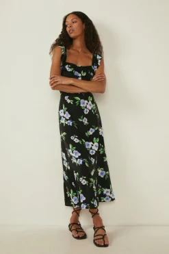 Fashion Oasis Frill Floral Printed Strap Back Midi Dress Multi