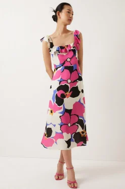 Sale Oasis Frill Floral Printed Strap Back Midi Dress Hot Pink