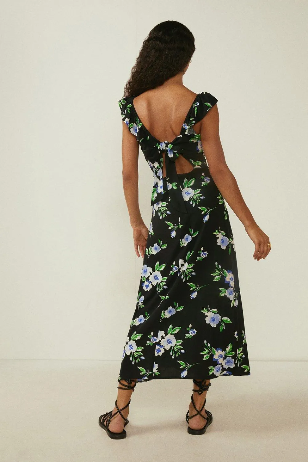 Fashion Oasis Frill Floral Printed Strap Back Midi Dress Multi