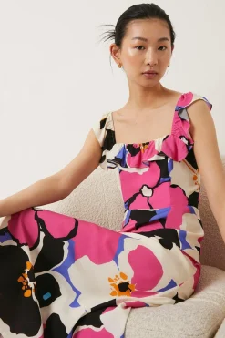 Sale Oasis Frill Floral Printed Strap Back Midi Dress Hot Pink