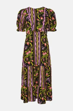 Hot Oasis Frill Ruffle Trailing Stripe Midi Dress Black