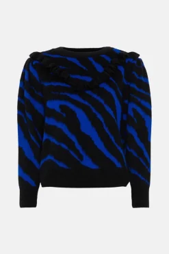 Clearance Oasis Frilly Yoke Animal Jacquard Jumper Cobalt
