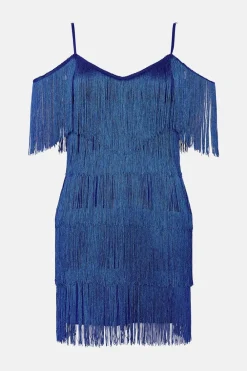 Online Oasis Fringed Cold Shoulder Mini Dress Blue