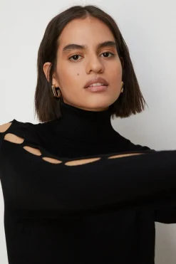 Sale Oasis Funnel Neck Cut Out Sleeve Mini Skater Dress Black