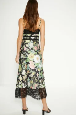 Fashion Oasis Garden Lace Trim Satin Midi Dress Floral