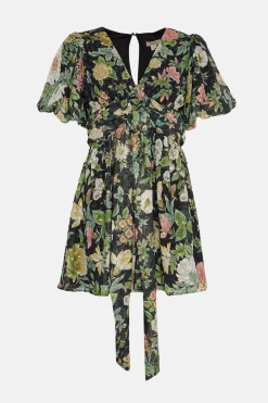 Outlet Oasis Garden Metallic Tie Front Mini Dress Floral