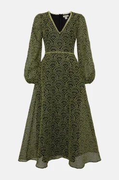Sale Oasis Geo Embroidered Organza V Neck Midi Dress Black