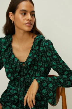Online Oasis Geo Floral Ruffle Tie Front Skater Dress Green