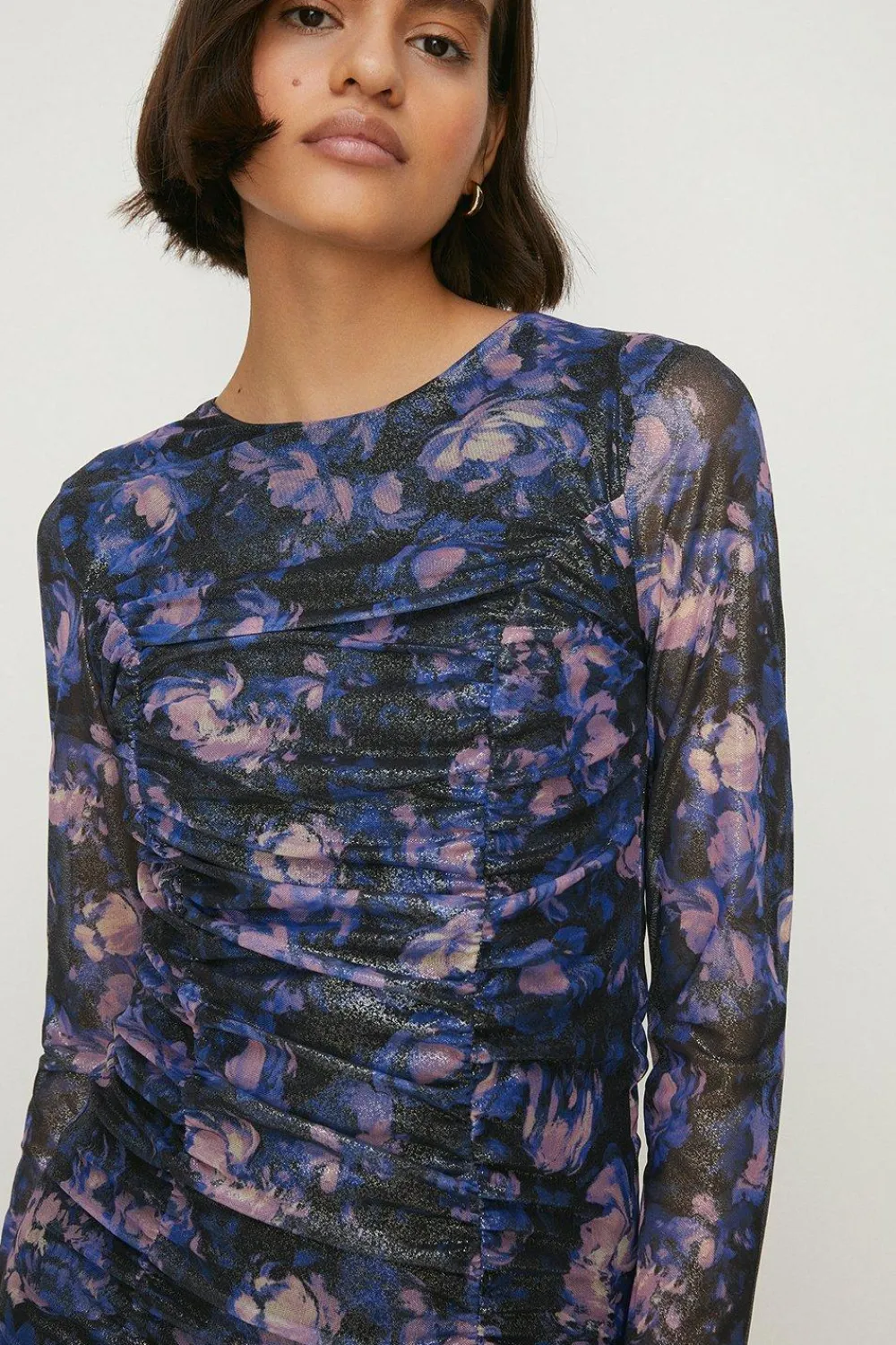 Fashion Oasis Glitter Floral Mesh Ruched Front Dress Multi