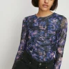 Hot Oasis Glitter Floral Mesh Ruched Front Top Multi