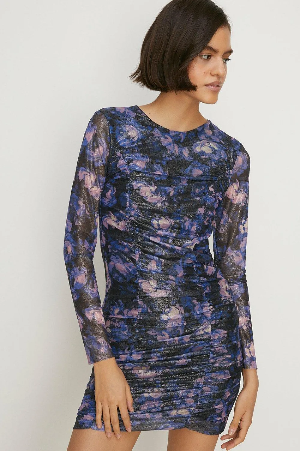 Fashion Oasis Glitter Floral Mesh Ruched Front Dress Multi