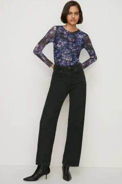 Hot Oasis Glitter Floral Mesh Ruched Front Top Multi