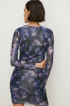 Fashion Oasis Glitter Floral Mesh Ruched Front Dress Multi