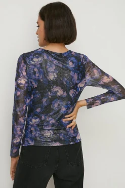Hot Oasis Glitter Floral Mesh Ruched Front Top Multi