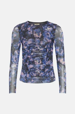 Hot Oasis Glitter Floral Mesh Ruched Front Top Multi