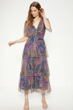 Outlet Oasis Glitter Plisse Abstract Angel Sleeve Midi Dress Multi
