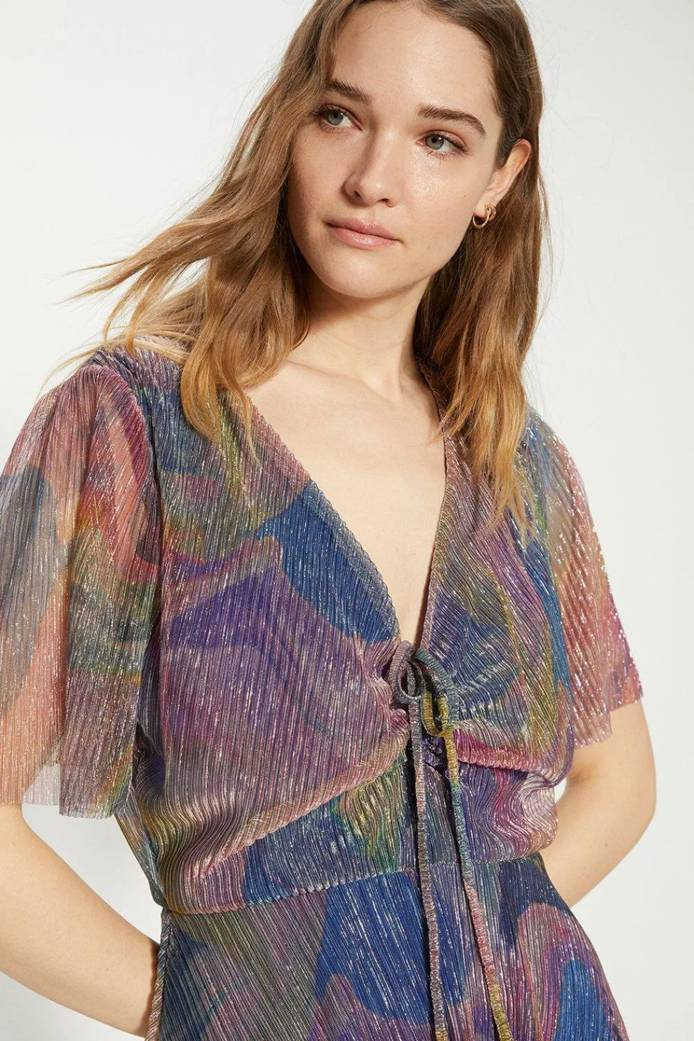 Outlet Oasis Glitter Plisse Abstract Angel Sleeve Midi Dress Multi