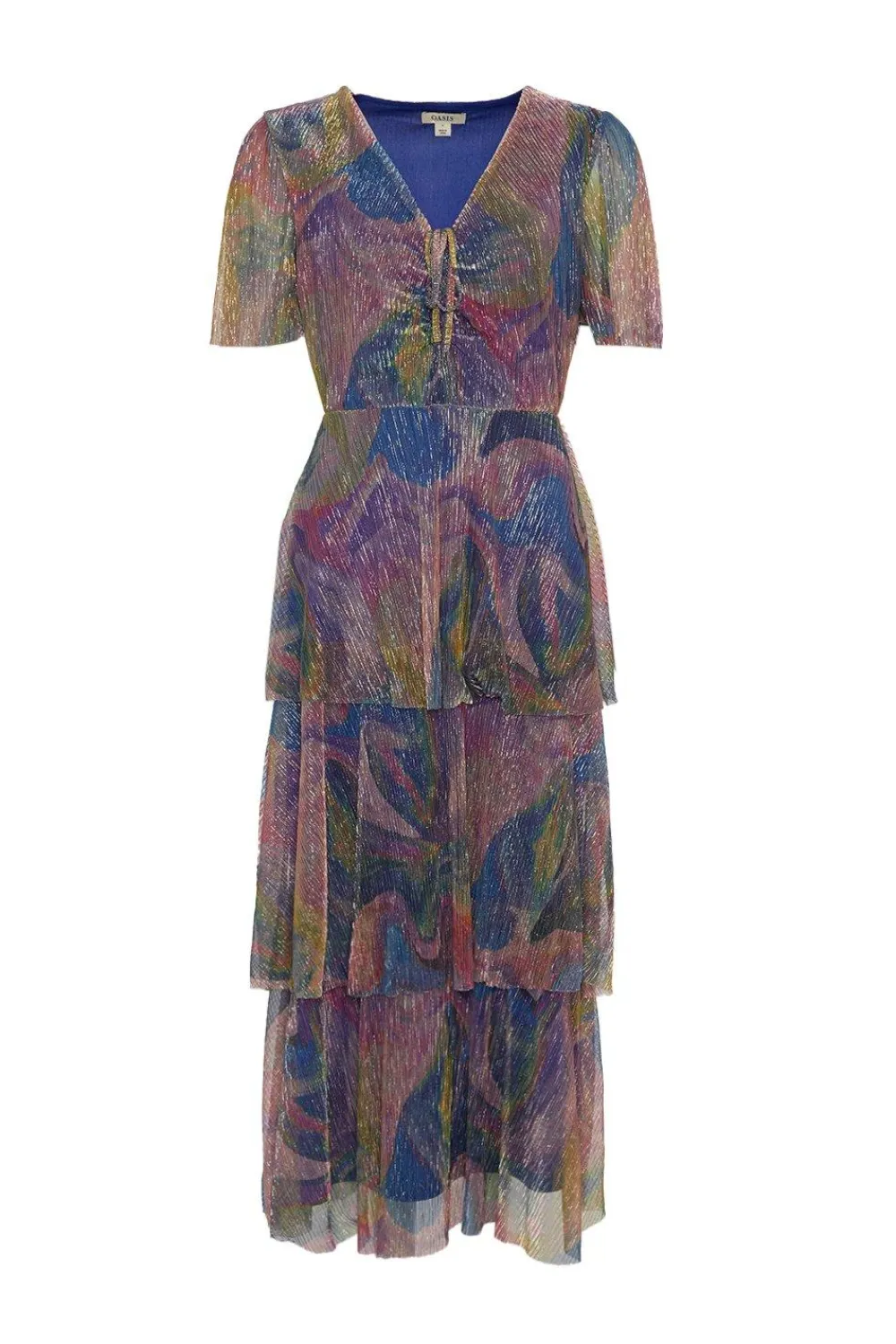 Outlet Oasis Glitter Plisse Abstract Angel Sleeve Midi Dress Multi