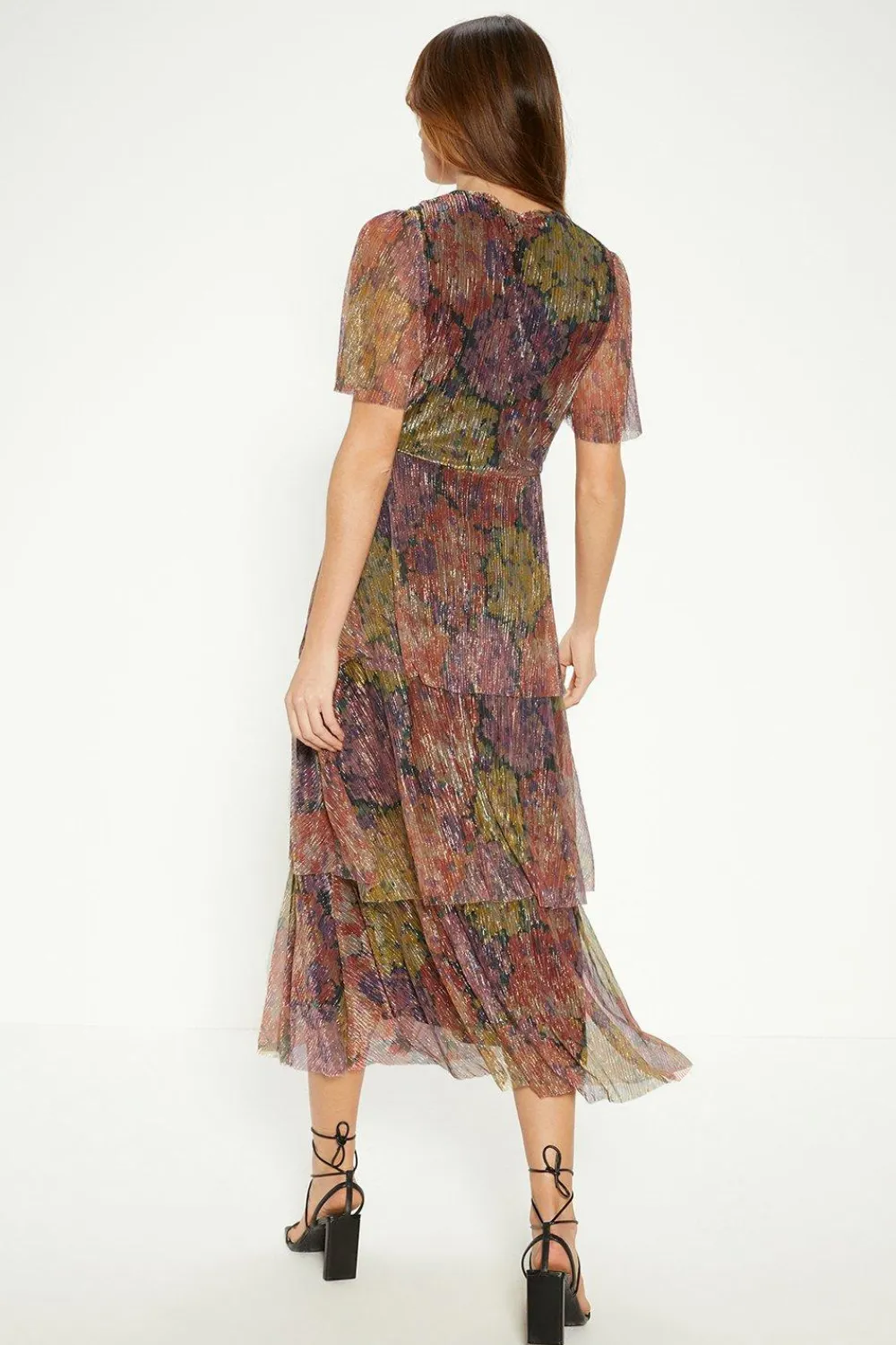 Outlet Oasis Glitter Plisse Floral Angel Sleeve Midi Dress Multi