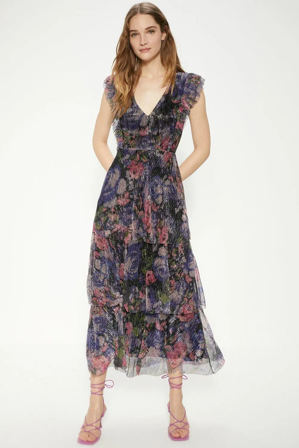 Hot Oasis Glitter Plisse Floral Frill Sleeve Detail Tiered Midi Dress Multi