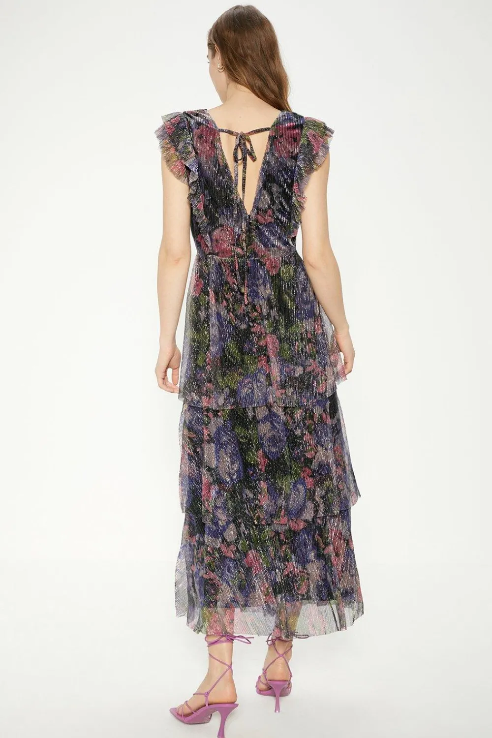 Hot Oasis Glitter Plisse Floral Frill Sleeve Detail Tiered Midi Dress Multi