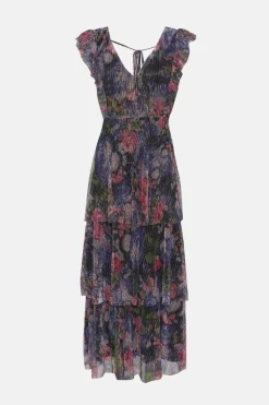 Hot Oasis Glitter Plisse Floral Frill Sleeve Detail Tiered Midi Dress Multi