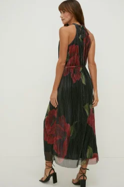 Discount Oasis Glitter Plisse Floral Halter Neck Maxi Dress Black