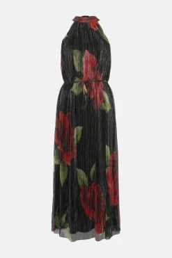 Discount Oasis Glitter Plisse Floral Halter Neck Maxi Dress Black