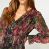 New Oasis Glitter Plisse Floral V-Neck Midi Dress Black