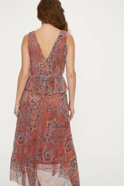 Outlet Oasis Glitter Plisse Paisley V Neck Tiered Midi Dress Orange
