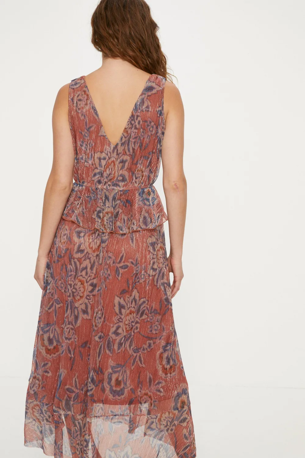 Outlet Oasis Glitter Plisse Paisley V Neck Tiered Midi Dress Orange