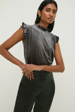 Online Oasis Glitter Velvet Frill Detail Sleeveless Top Grey
