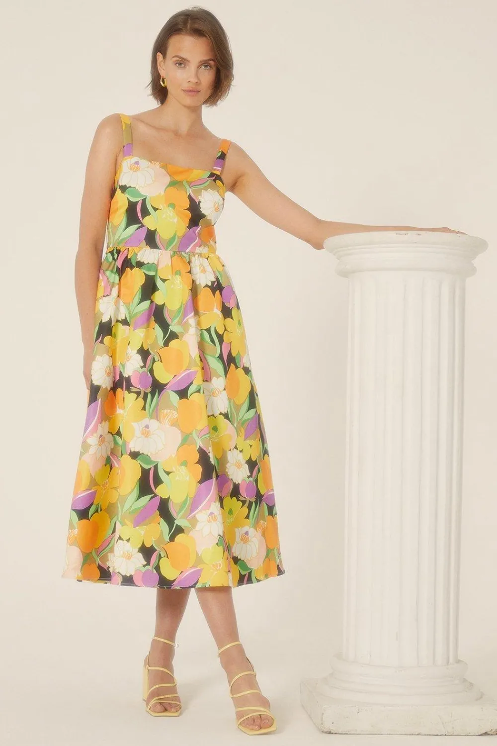 Hot Oasis Graphic Floral Bow Back Midi Dress Yellow