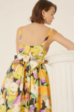 Hot Oasis Graphic Floral Bow Back Midi Dress Yellow