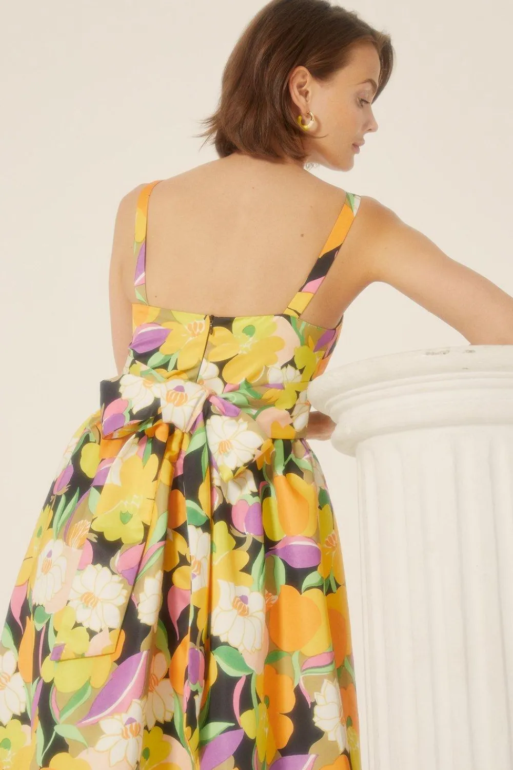 Hot Oasis Graphic Floral Bow Back Midi Dress Yellow