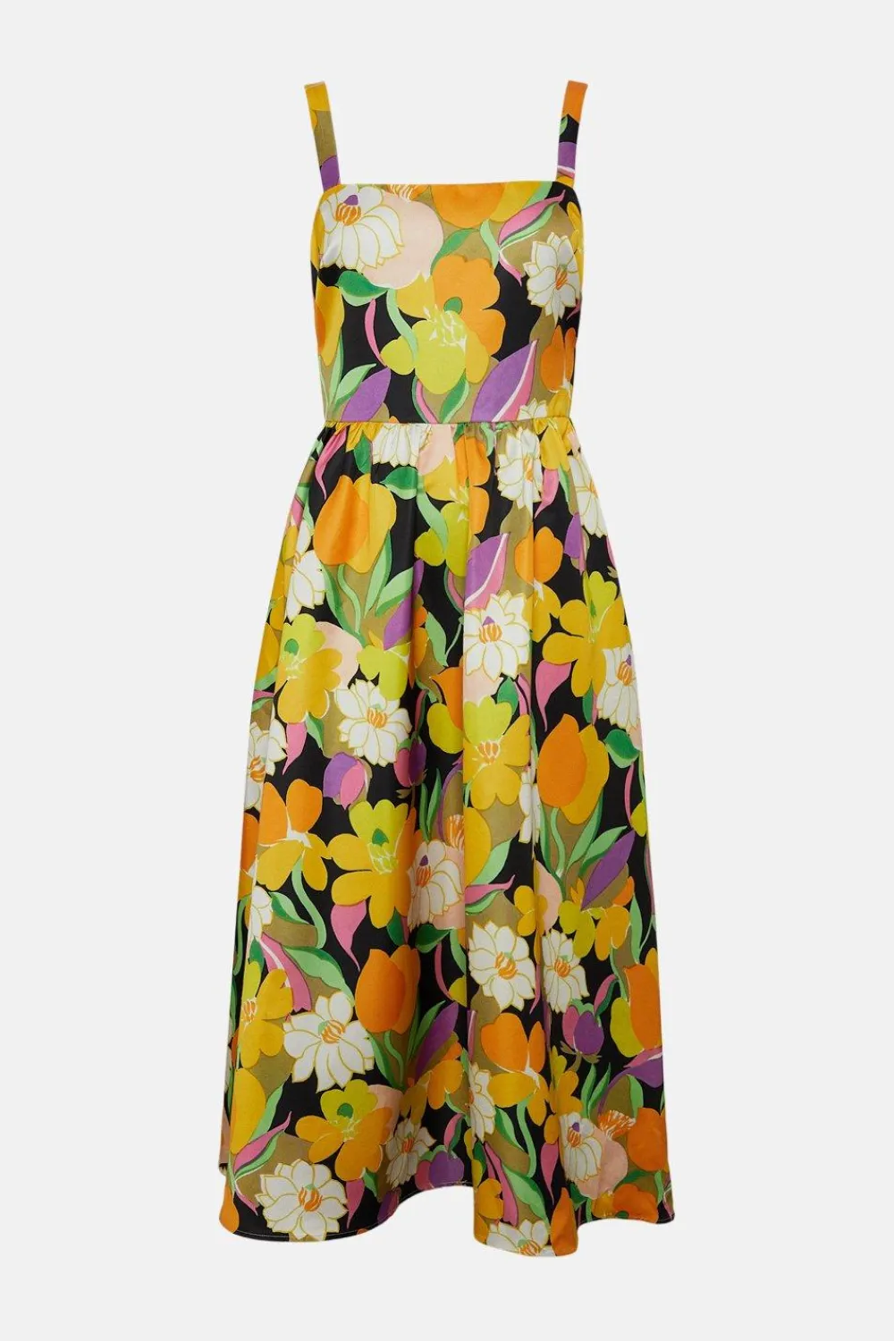 Hot Oasis Graphic Floral Bow Back Midi Dress Yellow