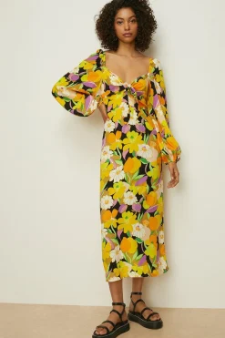Discount Oasis Graphic Floral Tie Front Midi Dress Yellow