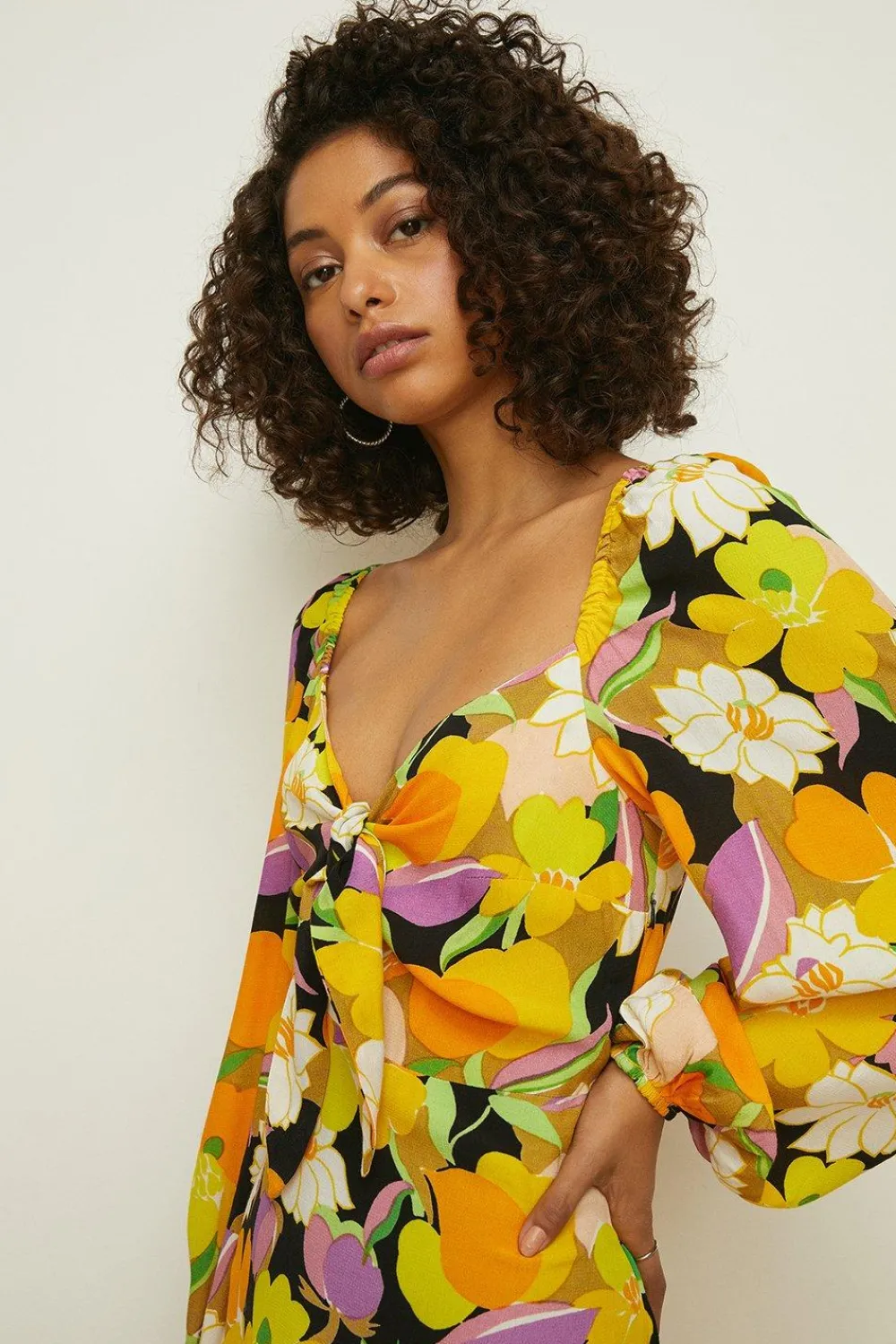 Discount Oasis Graphic Floral Tie Front Midi Dress Yellow