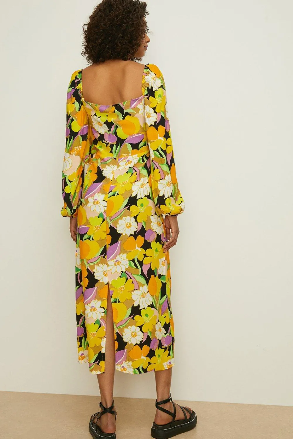Discount Oasis Graphic Floral Tie Front Midi Dress Yellow