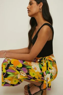 Online Oasis Graphic Floral Tie Wrap Midi Skirt Yellow